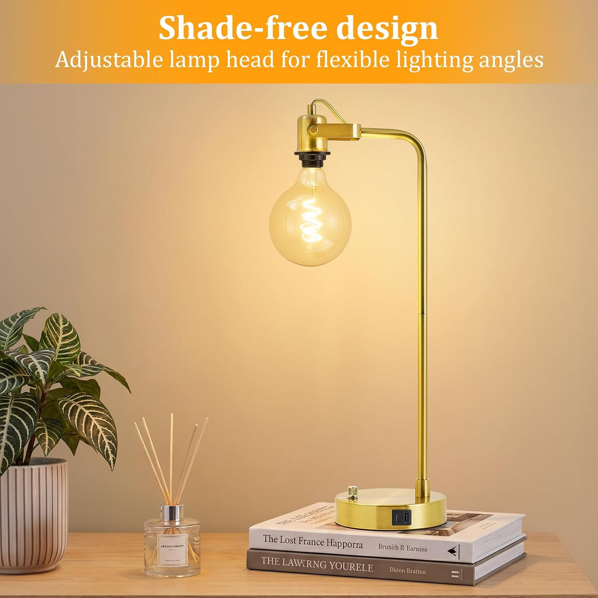 Gold Table Lamp Set of 2, USB A+C, 180° Adjustable Bedside Lamps, Dimmable