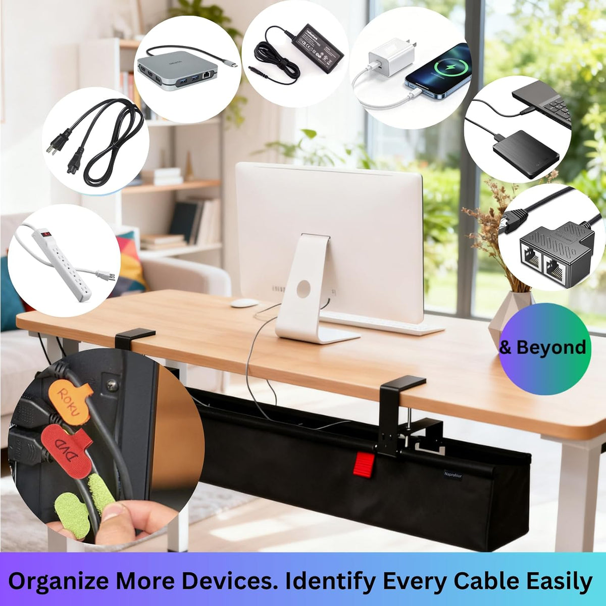 Under Desk Cable Management Tray, 48" Extra Large No Drill Cord Organize...