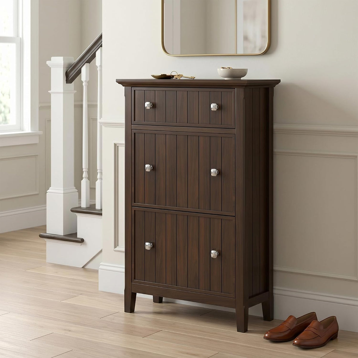 SIMPLIHOME Acadian 32" Wide Solid Wood Shoe Cabinet in Brunette Brown