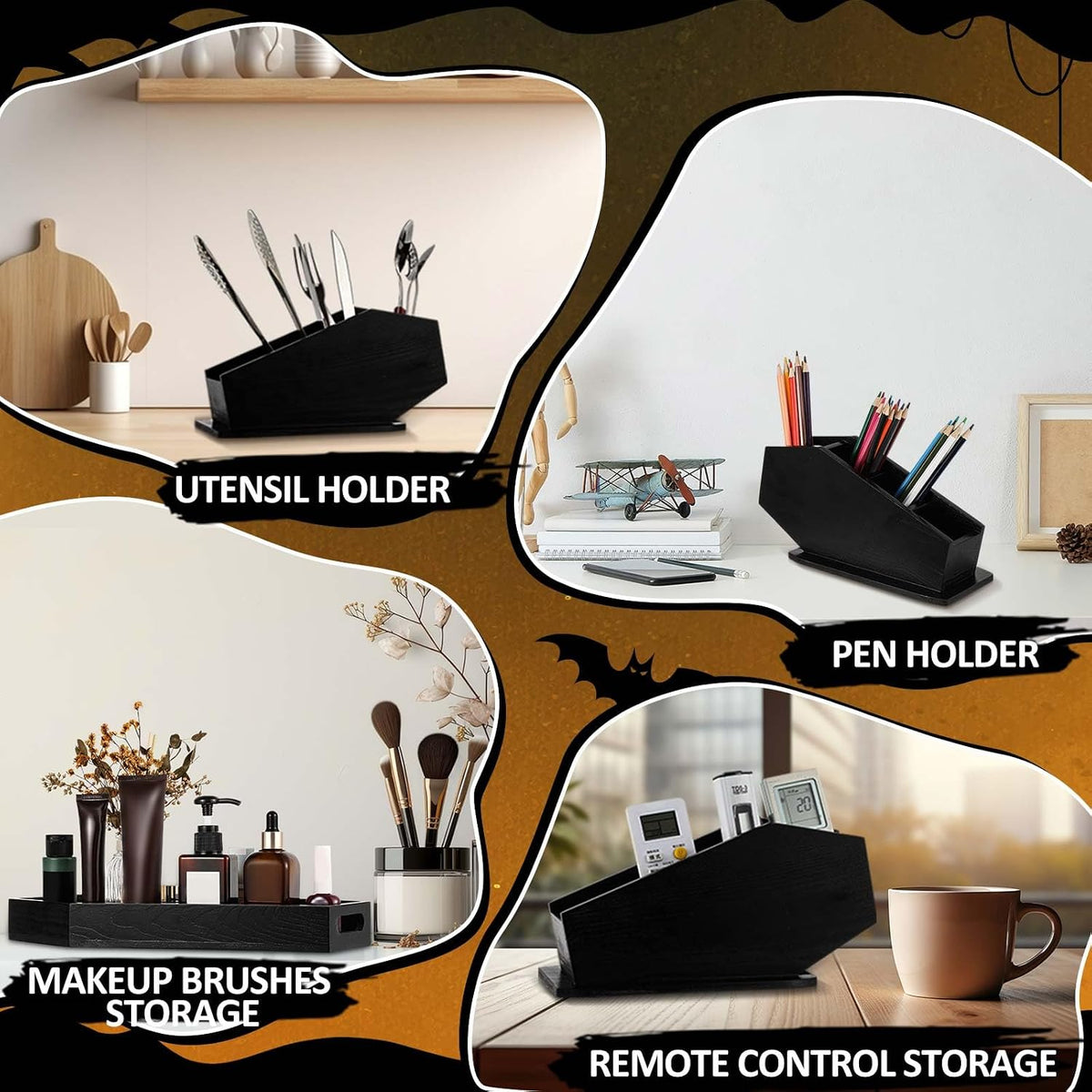 Juexica 2 Pcs Gothic Coffin Makeup Brush Holder, Black Vanity Organizer