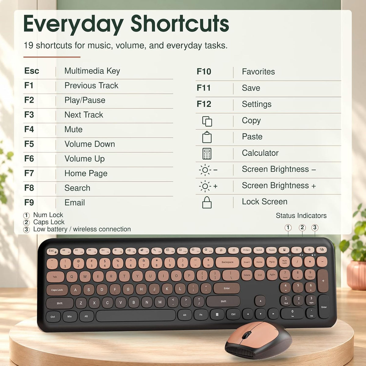 Wireless Keyboard and Mouse Combo, Colorful Ergonomic Full Size Retro Low-Noi...