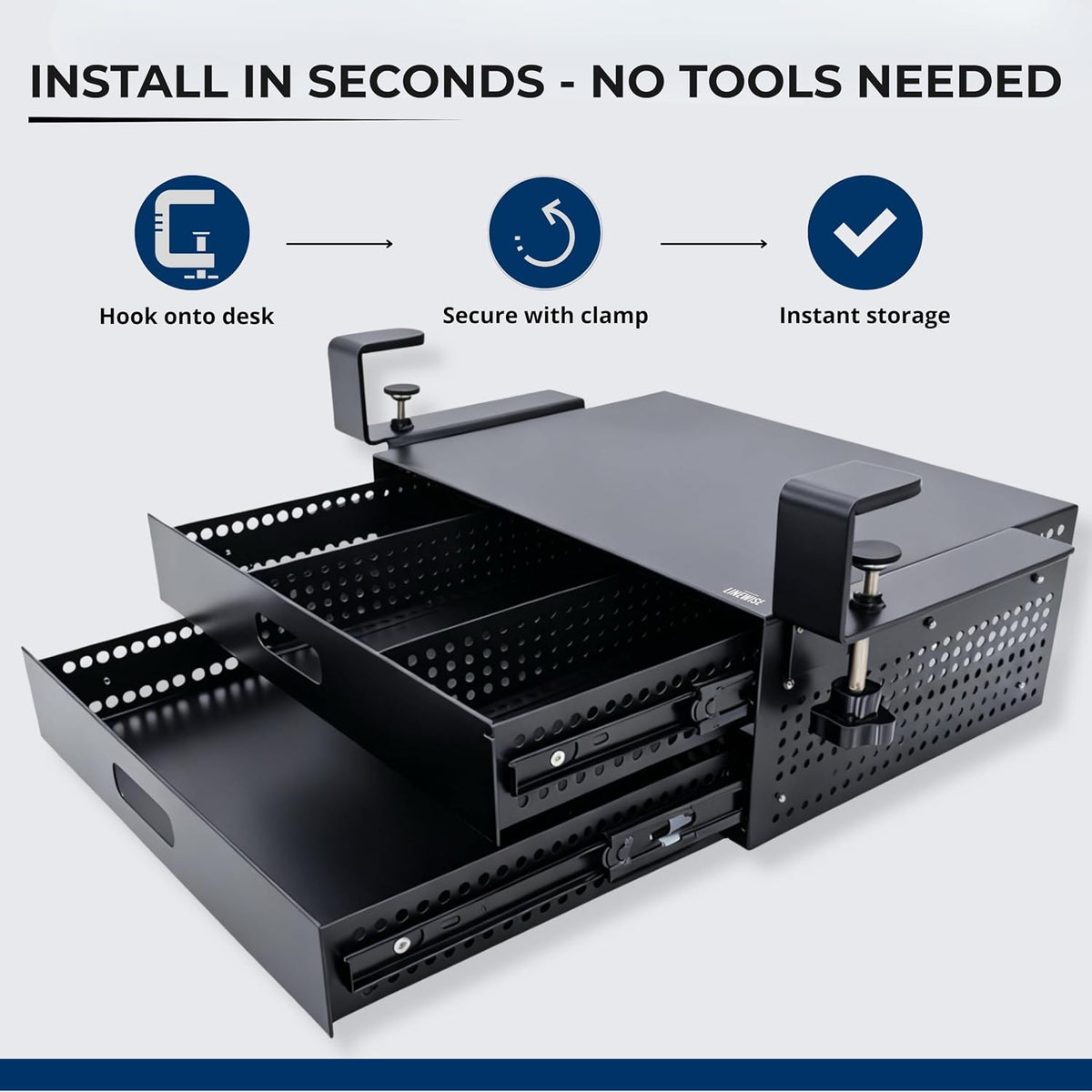Clamp-On Under Desk Drawer Slide Out - No-Drill Metal Storage, LINEWISE