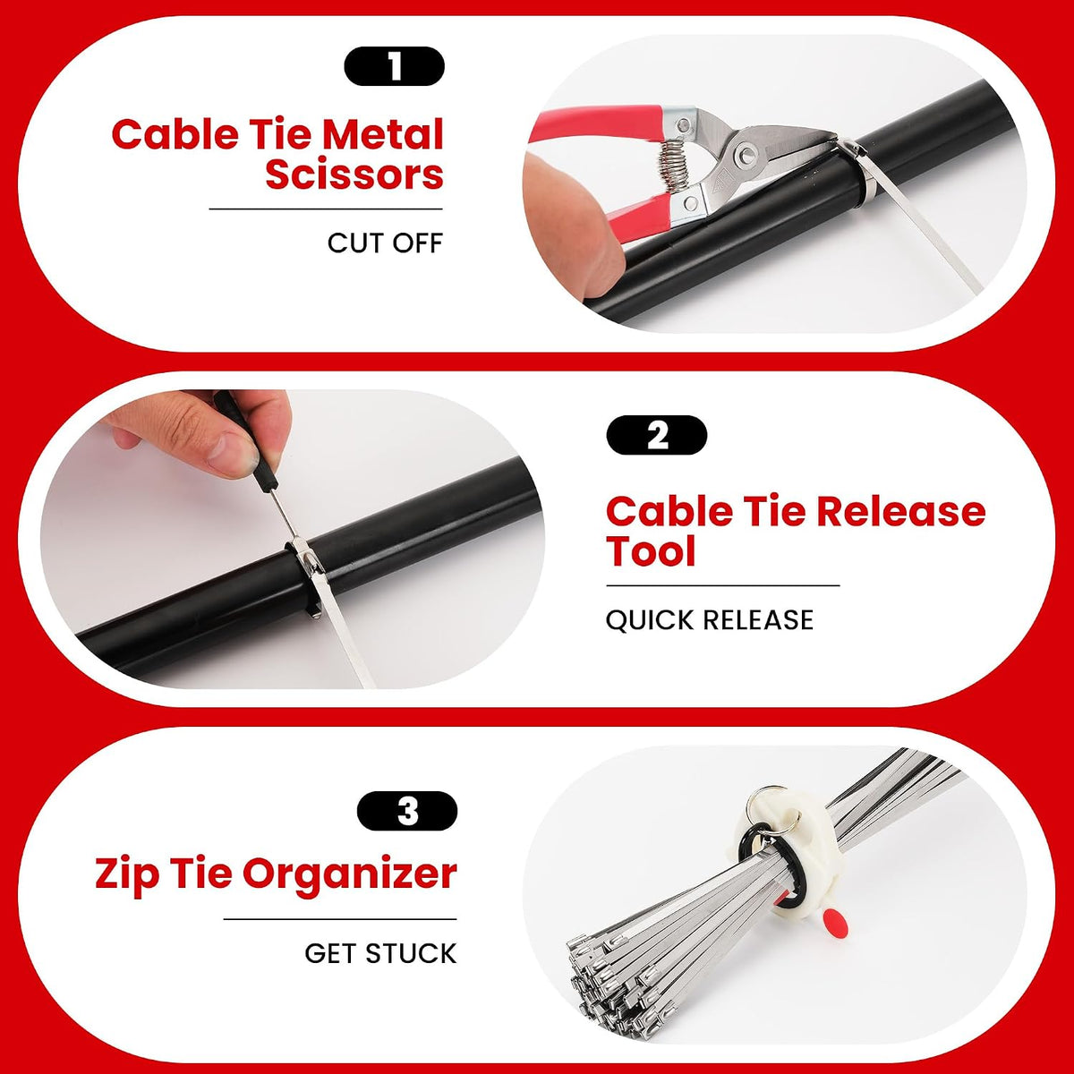 Stainless Steel Cable Tie Gun Set Metal Zip Tie Tool Kit (Red)