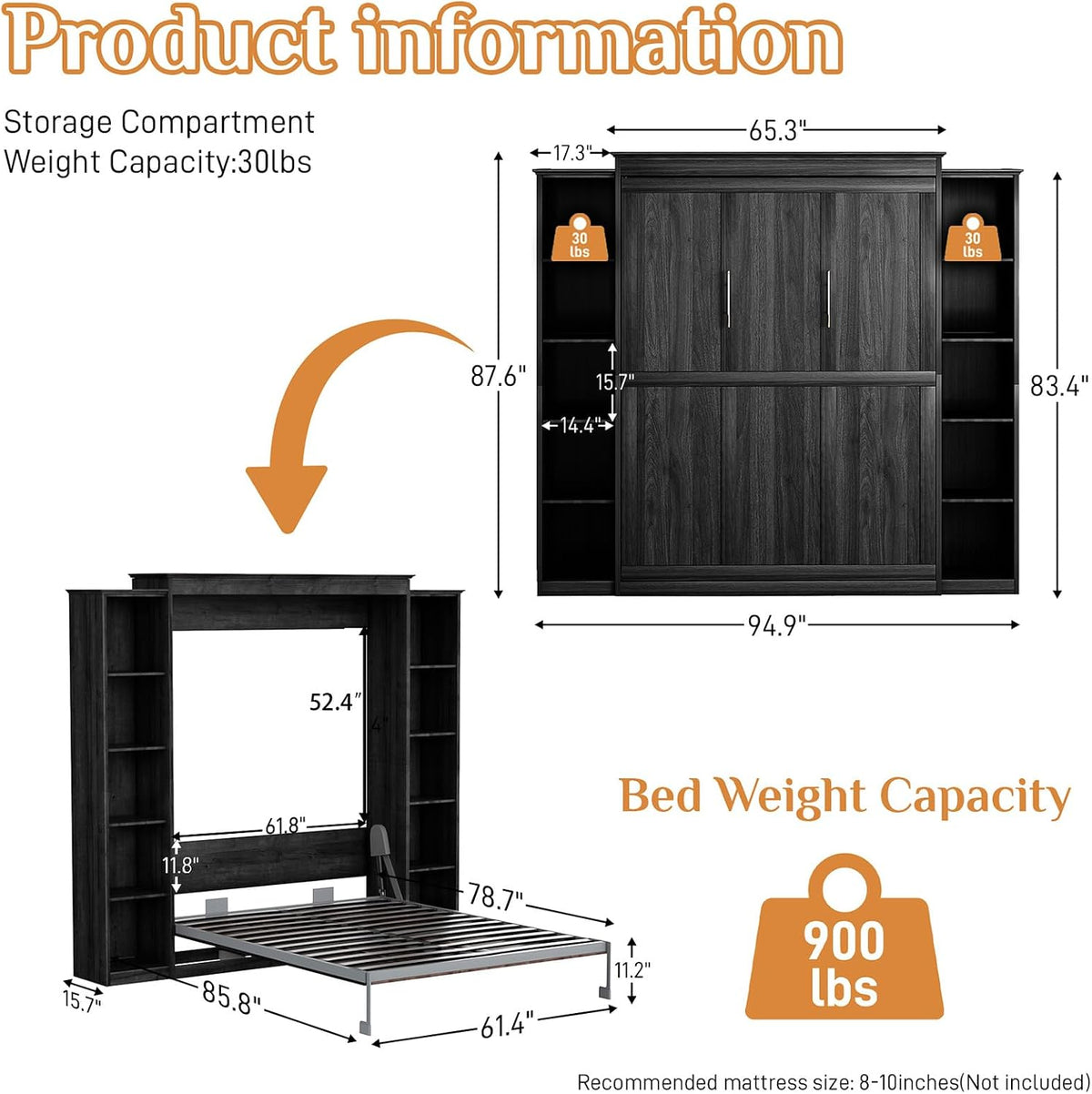 Rophefx Queen Murphy Bed Cabinet with 5-Tier Shelves, Wall Bed,Black Gray