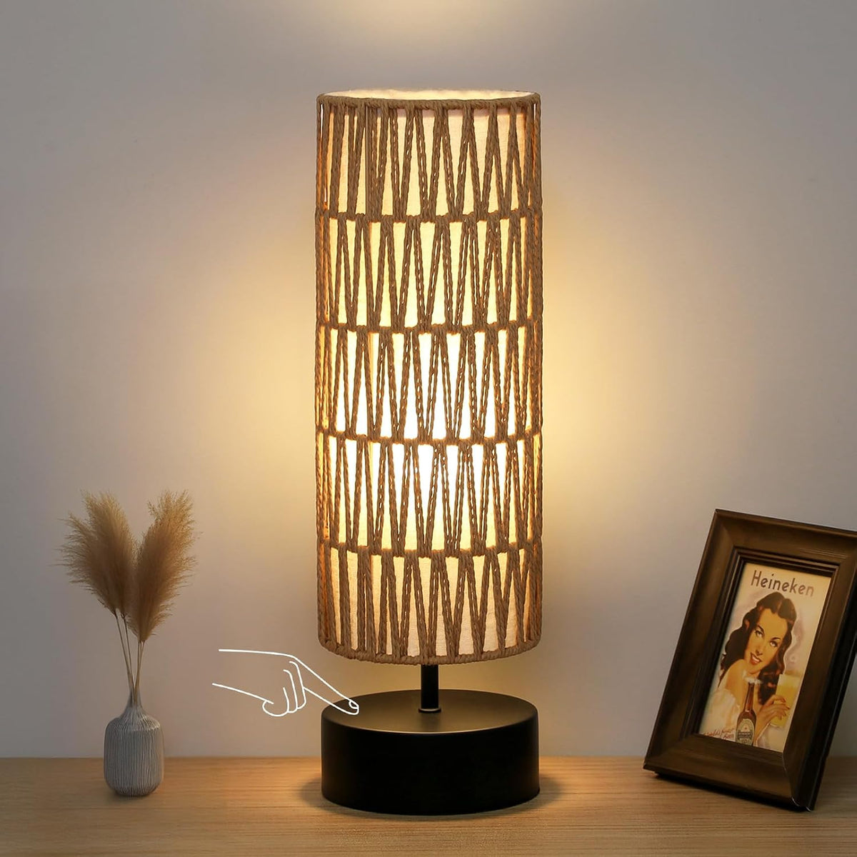 Rattan Table Lamp, Touch Control Bedside Table Lamp with Black Base, 3 Way Di...