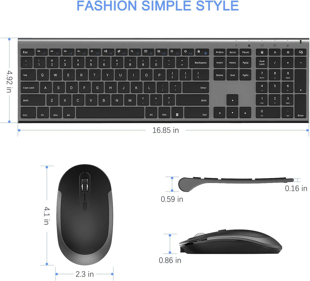 Vssoplor Wireless Keyboard and Mouse, Rechargeable Ultra Slim, Dark Gray