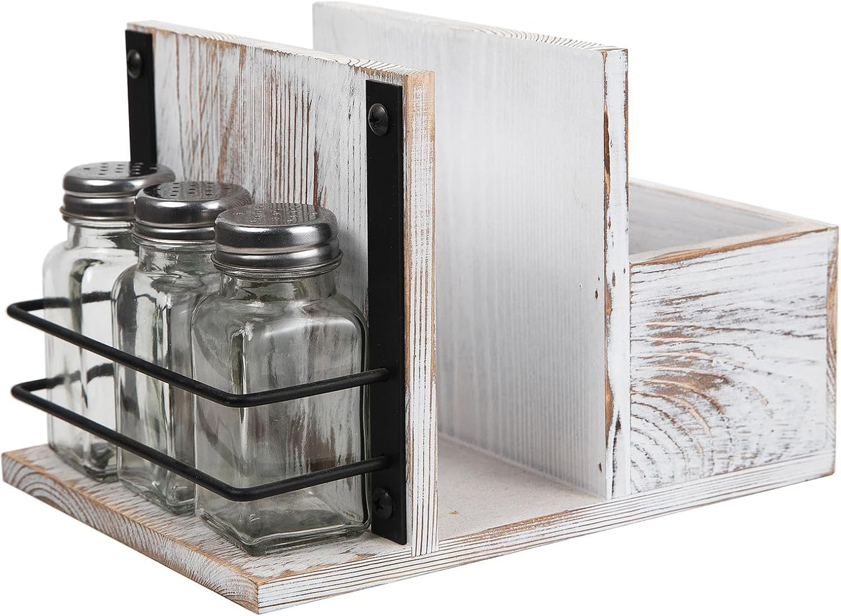 Rustic Whitewashed Wooden Kitchenware Organizer Napkin Utensil Spice Holders ...