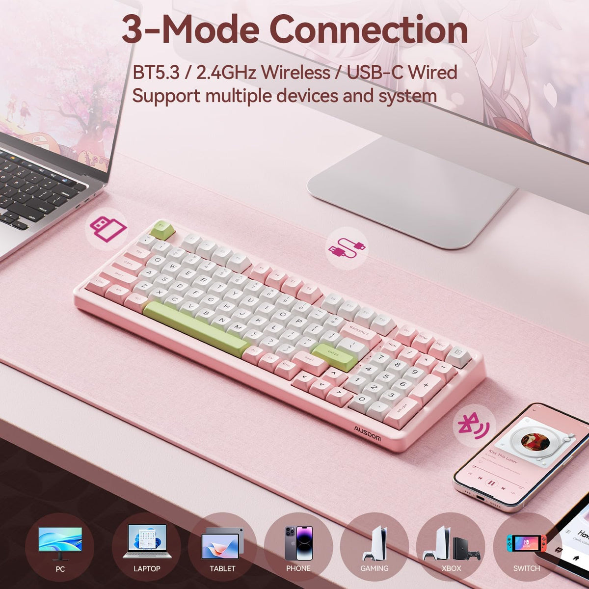 AUSDOM H98 Pink Creamy Mechanical Keyboard, 96% Silent Quiet Wireless Keyboar...