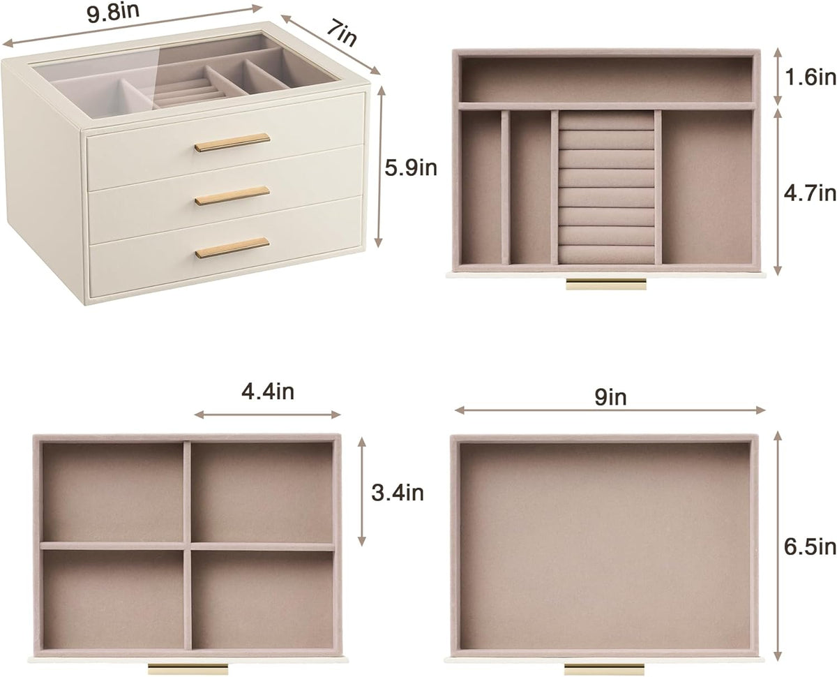 Jewelry Box Organizer Storage Case, 3-Layer with Glass Window, White