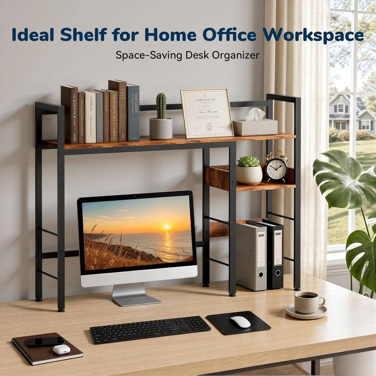 Desk Shelf, 38.6" Desk Hutch for Computer Monitor, Rustic Brown