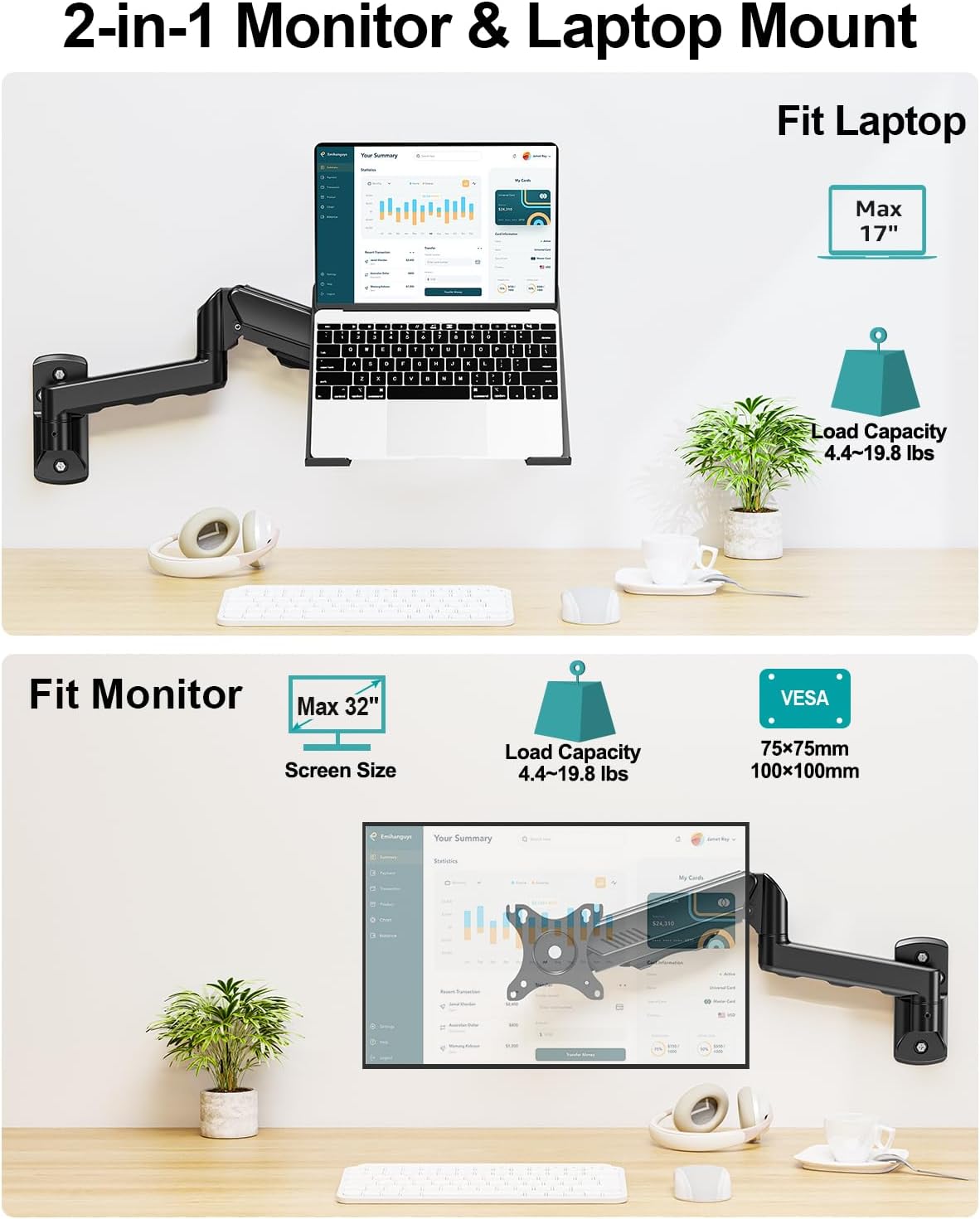 MOUNT PRO Laptop Wall Mount, 2-in-1 Monitor Wall Mount with Vented Tray for 1...