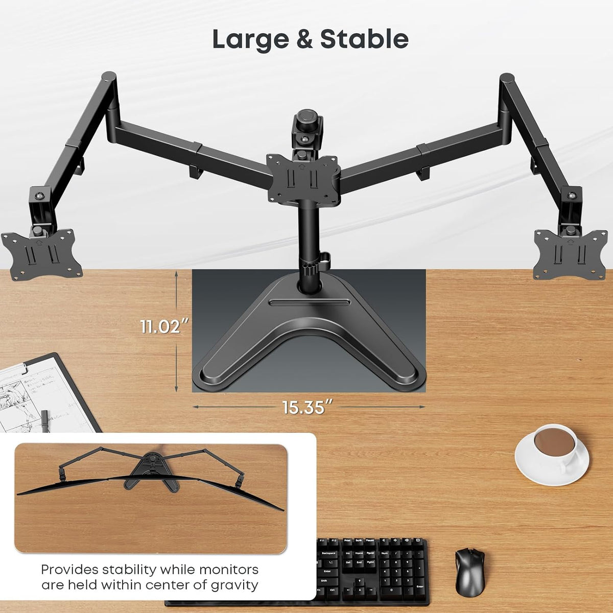 Triple Monitor Stand fits 3 Screens up to 27 Inches, Freestanding