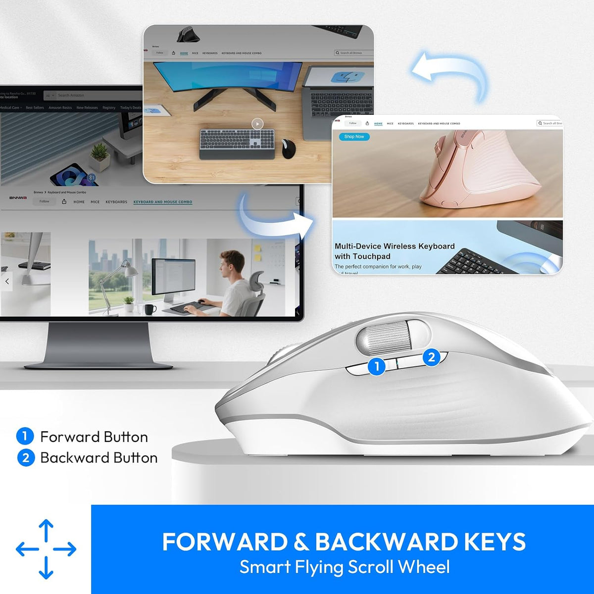 Rechargeable Wireless Mouse with Side Scroll Bluetooth Mouse -White