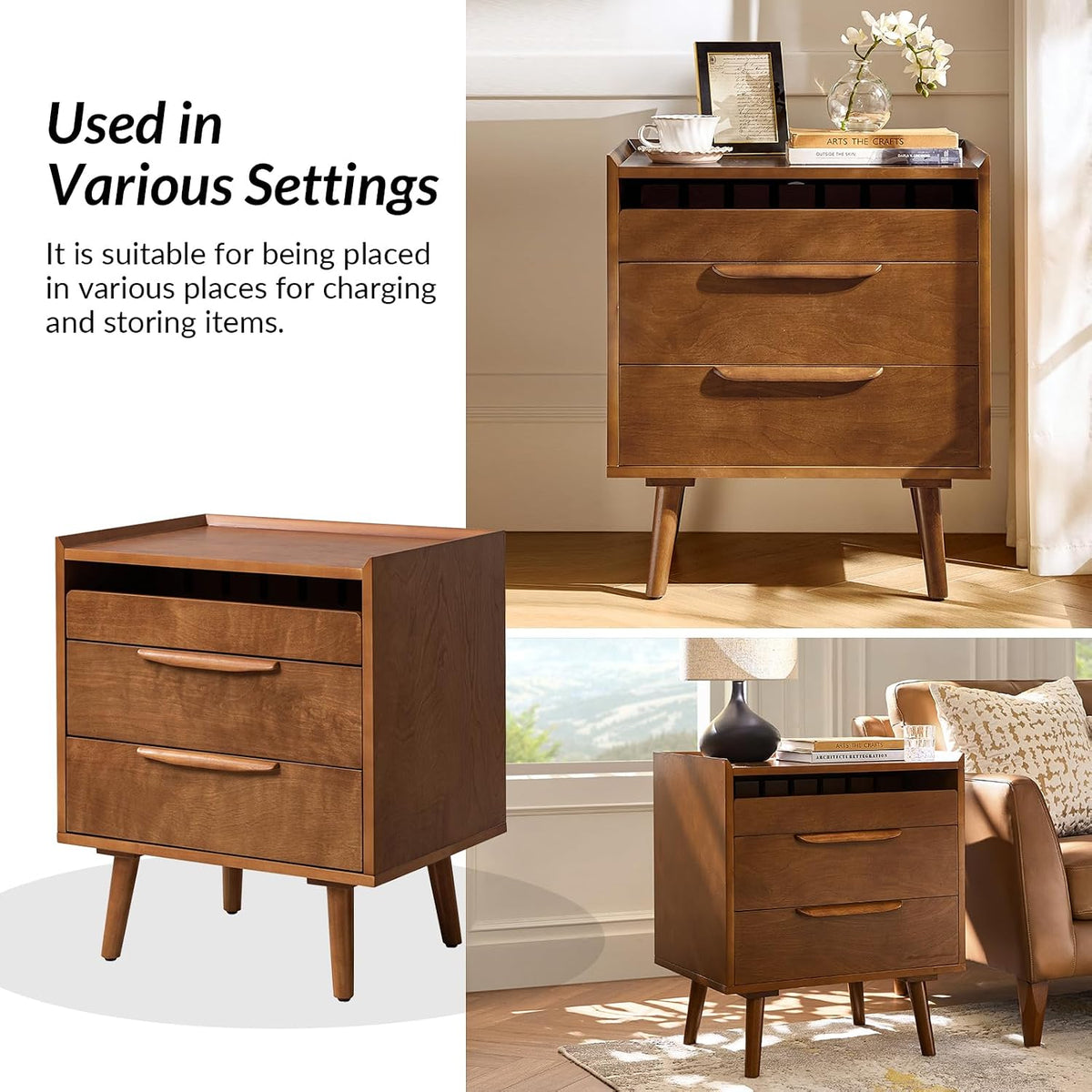 HULALA HOME 2-Drawer End Table with Charge Station, Acorn