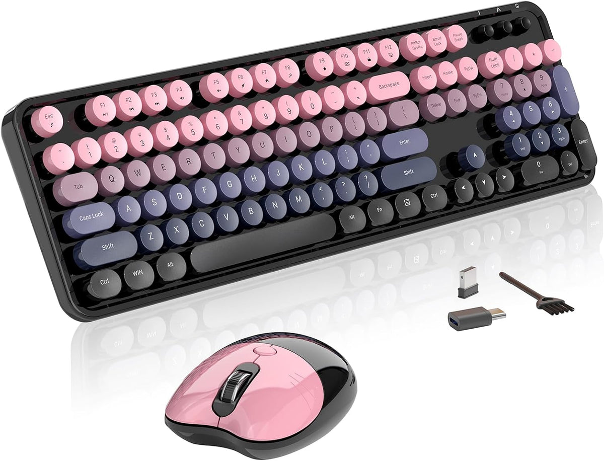 Wireless Keyboard and Mouse, MOFII 104 Round Keycaps Retro Typewriter with OT...