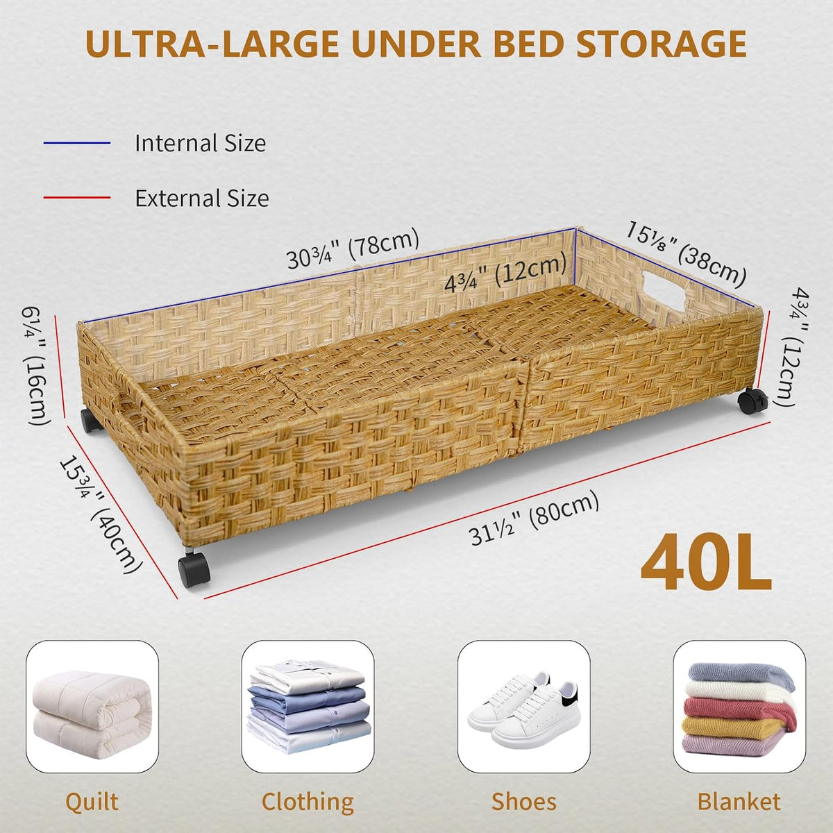 Under Bed Storage Containers with Wheels, 31.5” Large Handwoven Rattan Rollin...