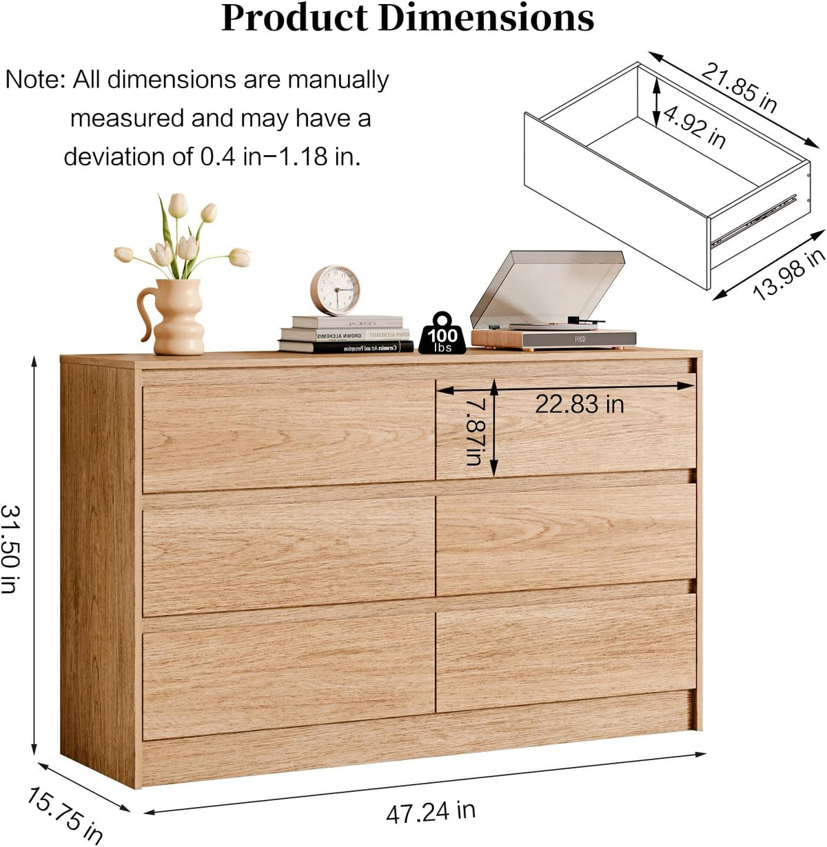 Chrangmay 6 Drawer Dresser,47.24" Wide Mid Century Chest of Drawers,Wood...