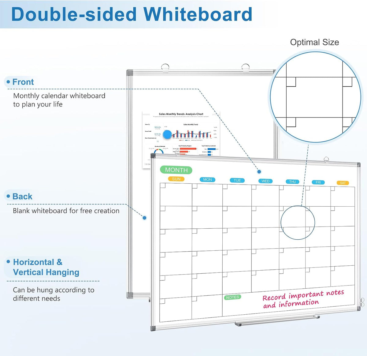Monthly Calendar Whiteboard 36x24 Dry Erase Magnetic Double-Sided Wall
