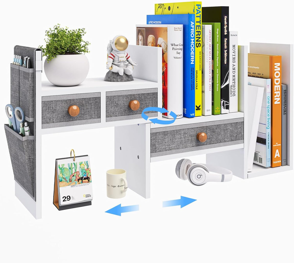 X-cosrack Adjustable Desk Shelves for Storage, Desktop Bookshelf with 3 Drawe...