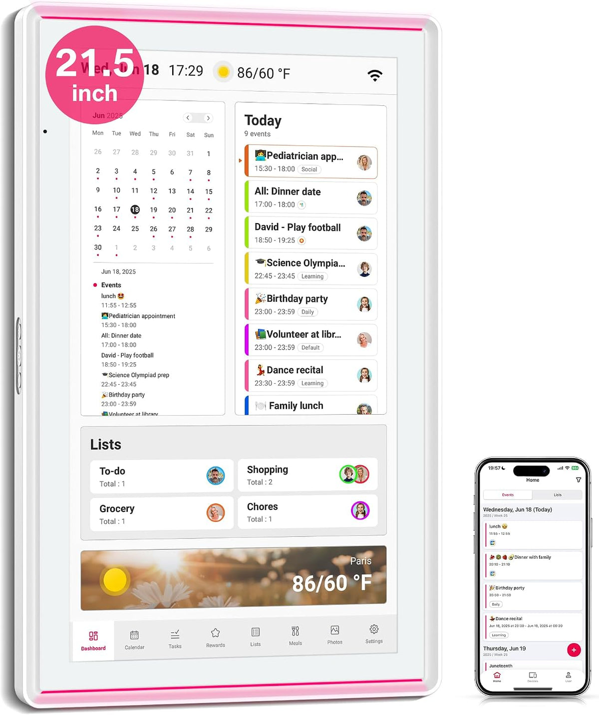 21.5" Family Digital Touchscreen Calendar for Chore & Meal Planning