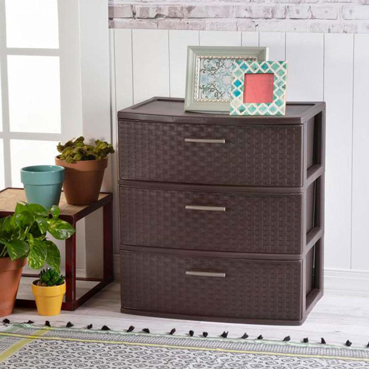 Sterilite Wide 3 Drawer Weave Tower, Home Organizer, Espresso