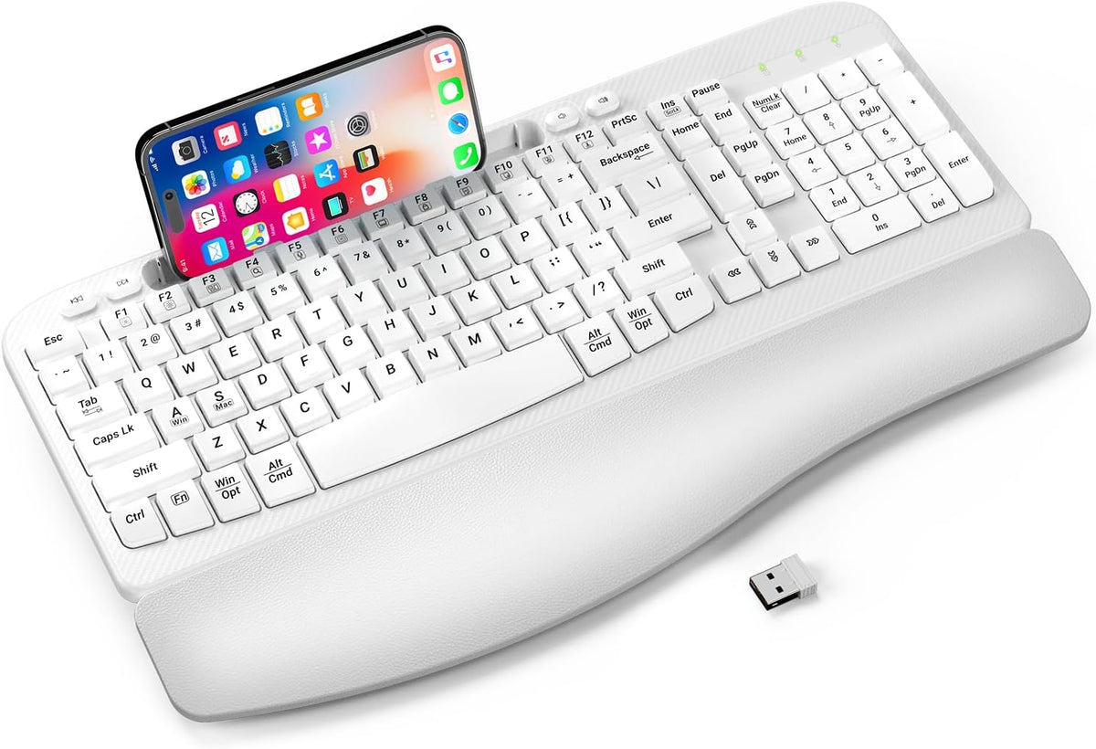 EAYBLLY 2.4G Wireless Ergonomic Keyboard, Full Size Wave Keys with Memory Foa...