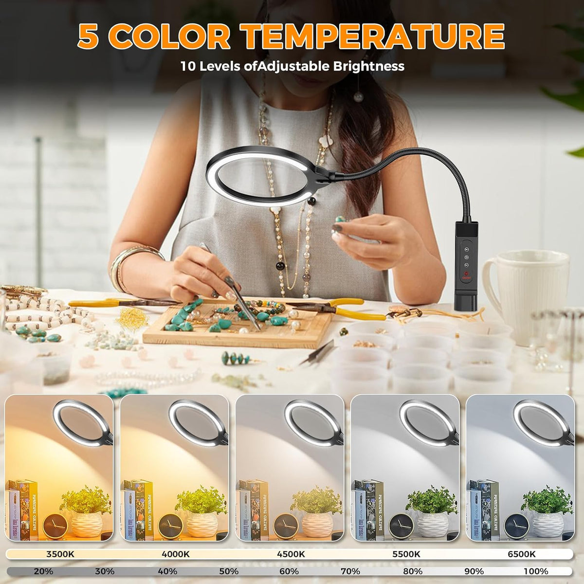 15X Magnifying Glass with Light and Stand, 5-Color & 10 Lightness Level
