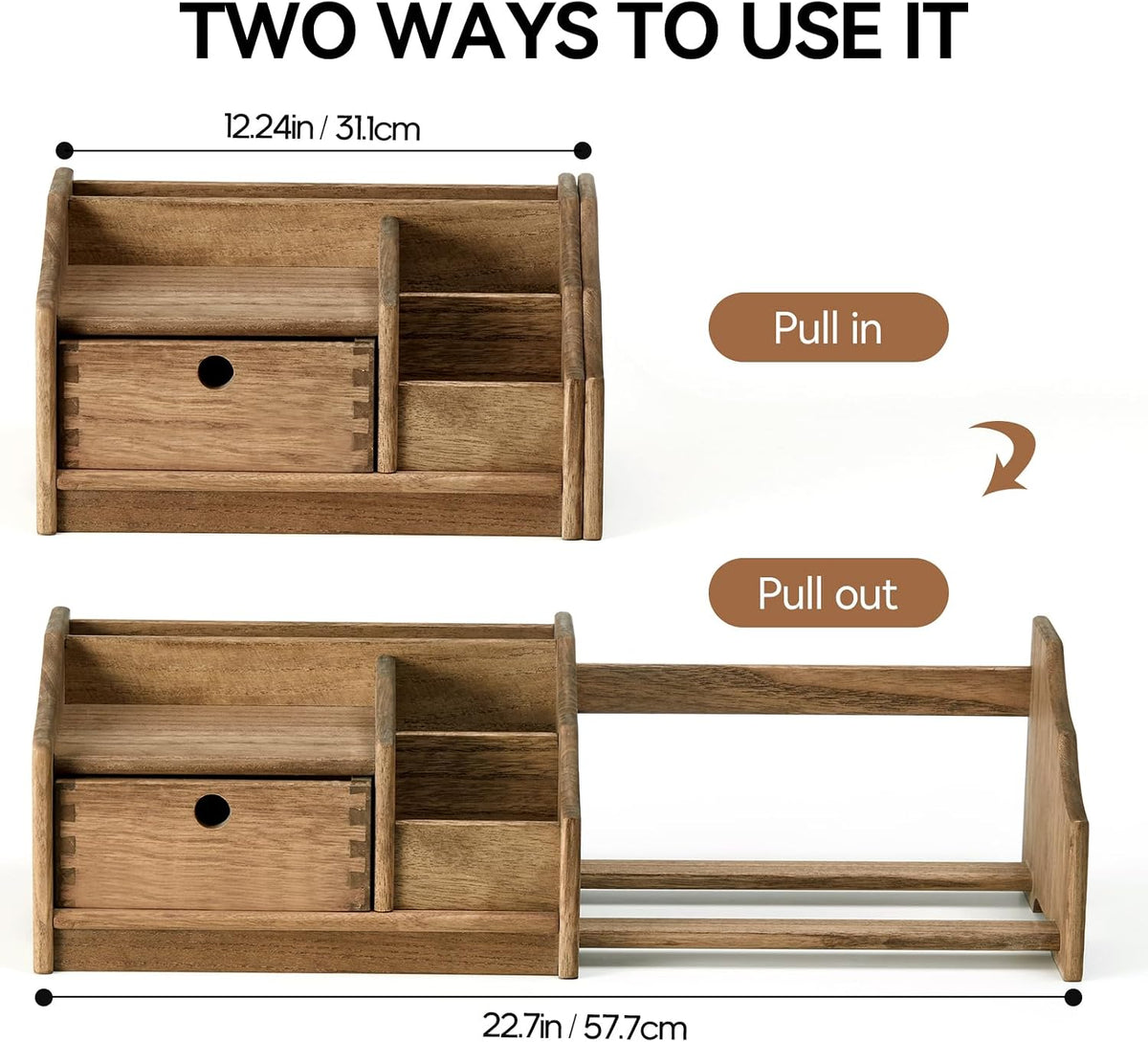 KIRIGEN Wood Desktop Bookshelf with Drawer, Expandable Desk Shelf, Brown