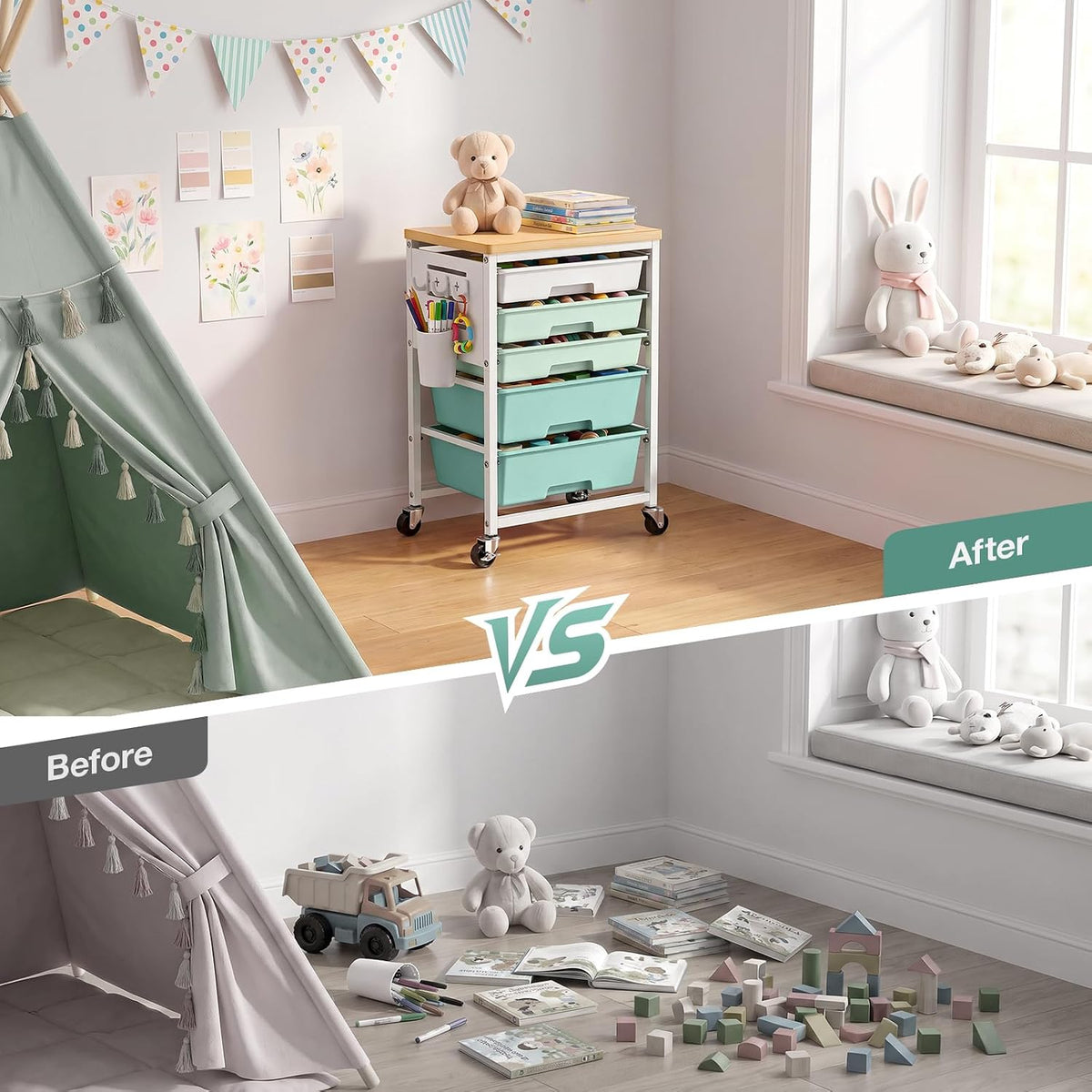 ALVOROG Rolling Storage Cart with 5 Drawers,Pegboards,Wooden Top,Bins,Green