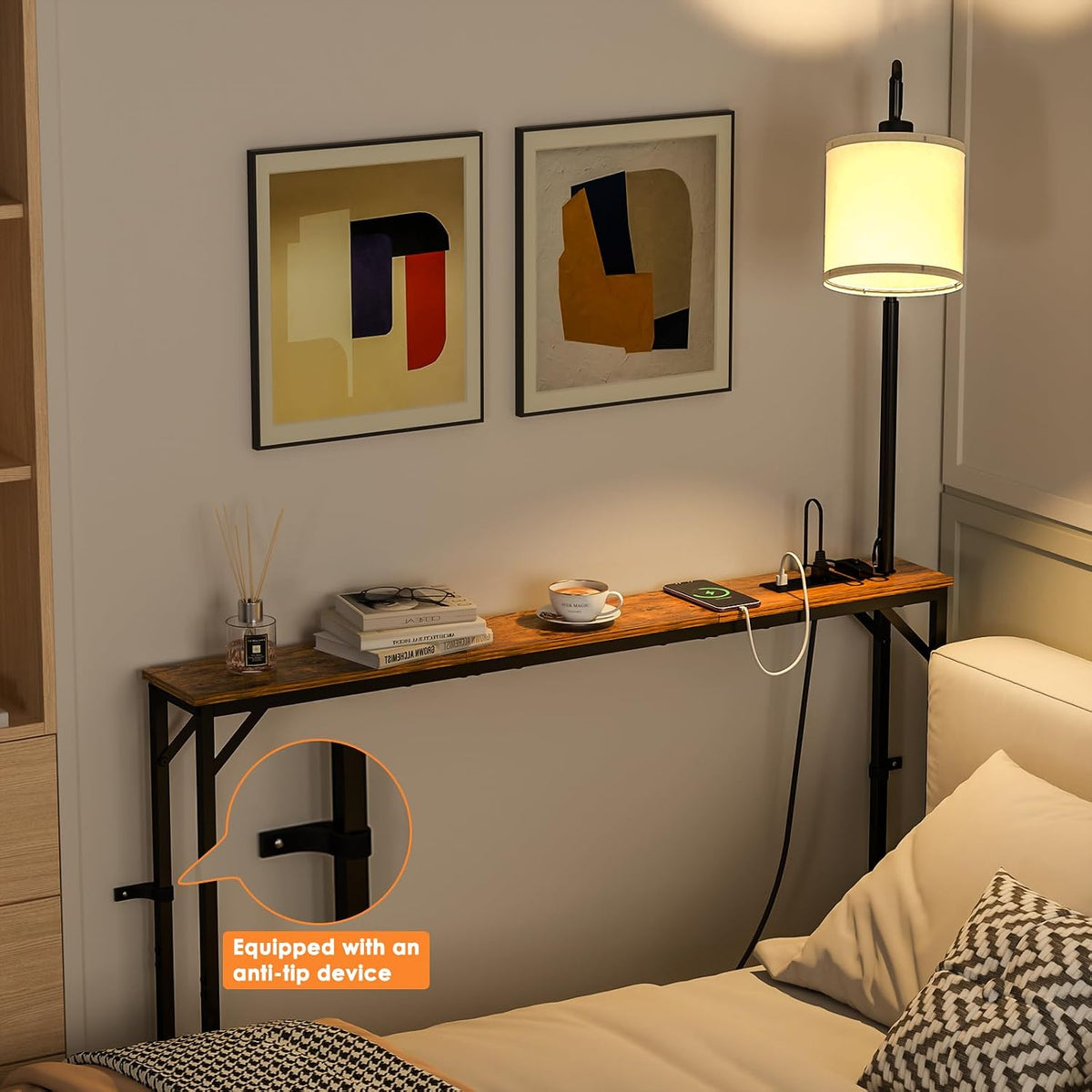 keomaisyto Skinny Sofa Table with Outlet & 3-Color Light, Console Table