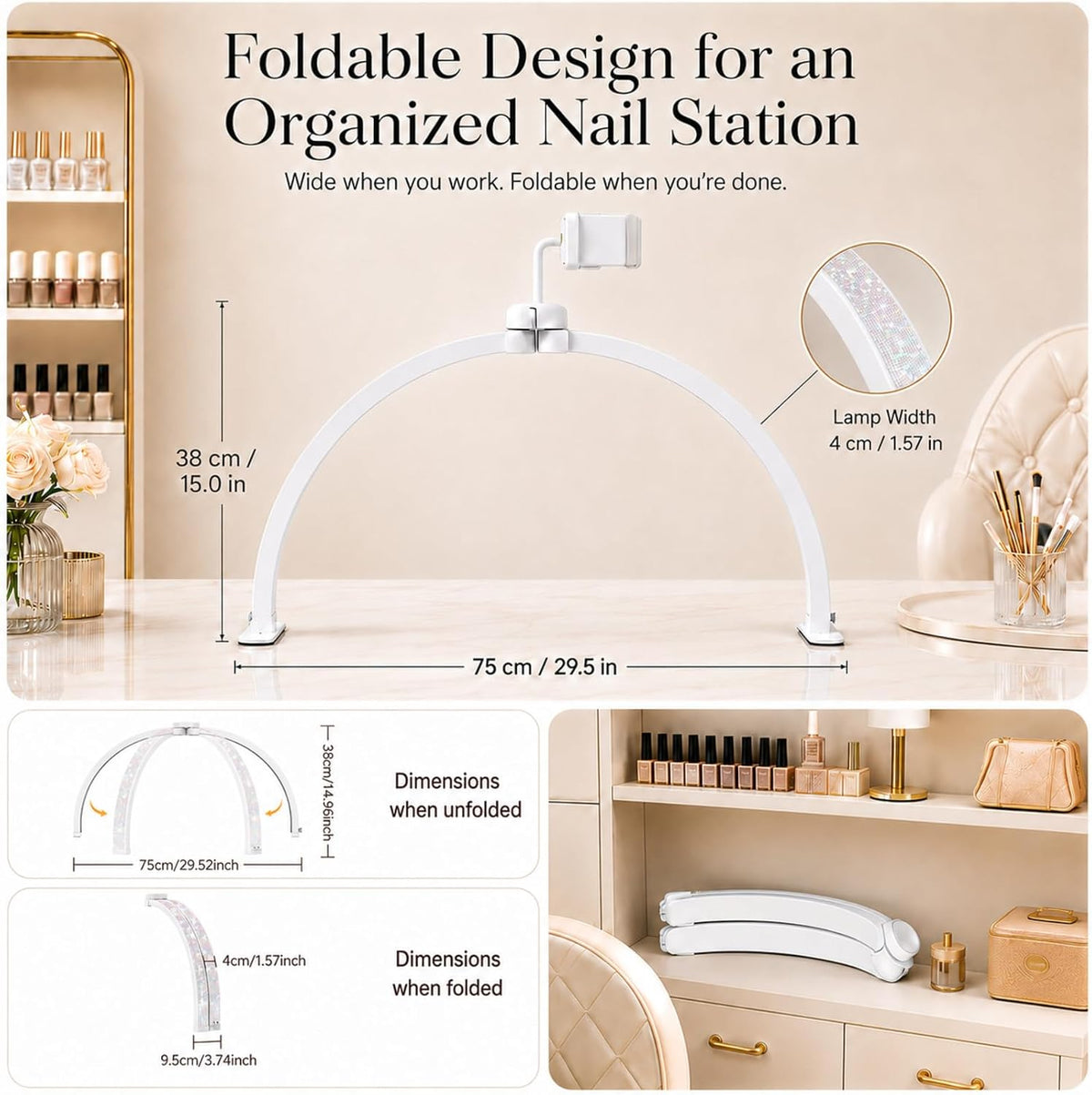 Half Moon Light for Nail Desk: 180° No-Shadow Manicure Table Lighting