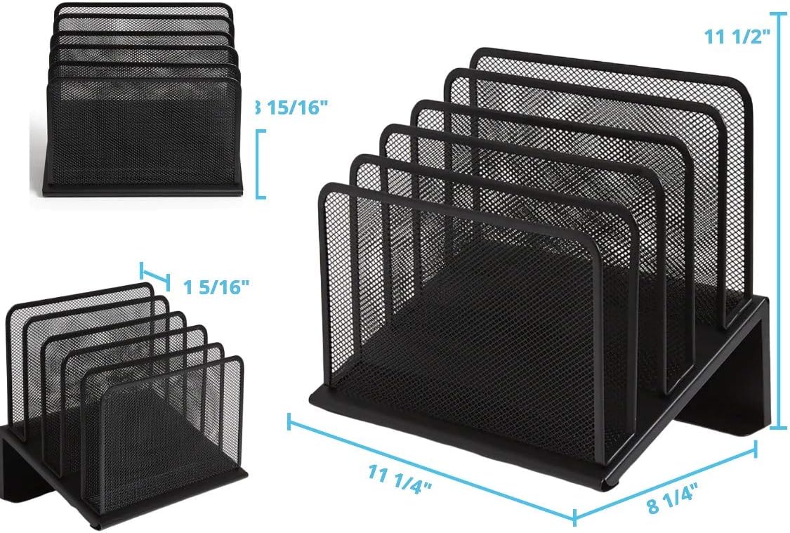 1InTheOffice Metal Mesh File Organizer, Black Wire Mesh 5 Section Incline Sorter