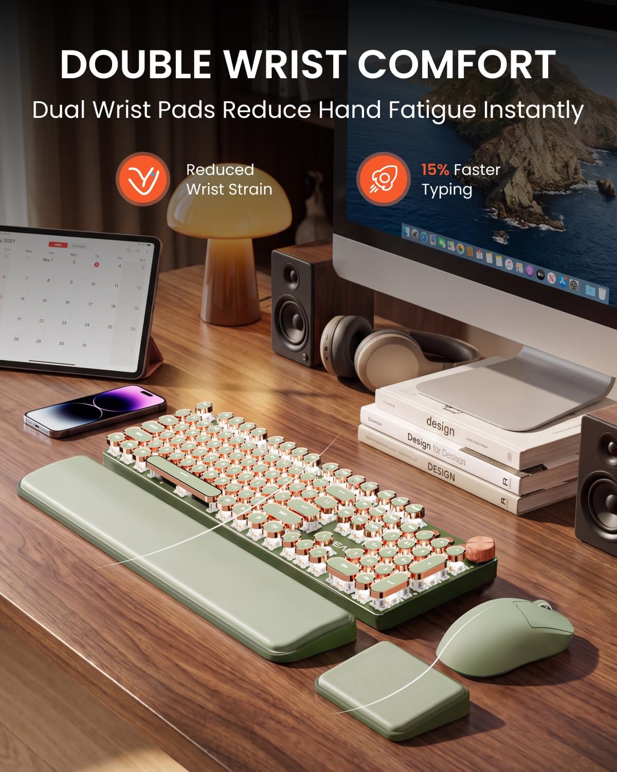 Wireless Keyboard and Mouse Combo, Dual Wrist Rest, Tri-Mode Typewriter