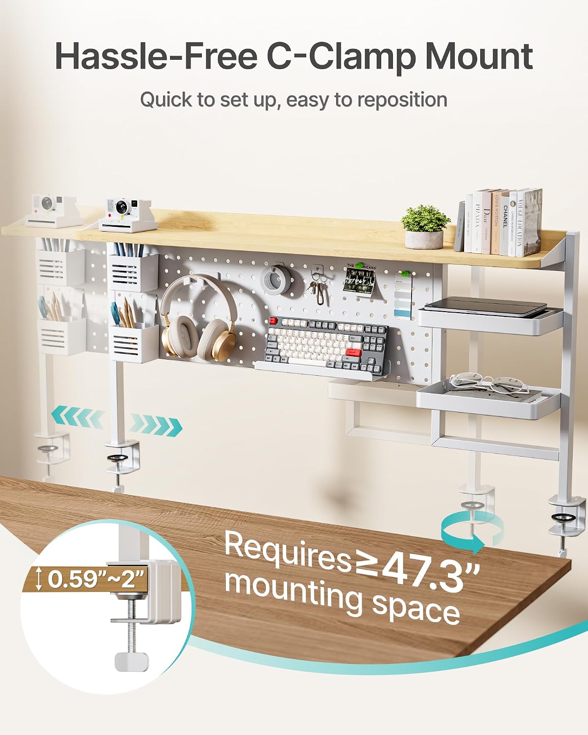 PEGZONE Clamp on Desk Shelf, 44" Desktop Shelving System, White