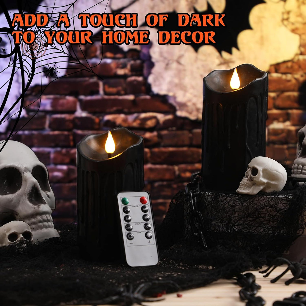 2 Pack Halloween Black Flameless Pillar Candles with Remote, 3 x 6 Inch