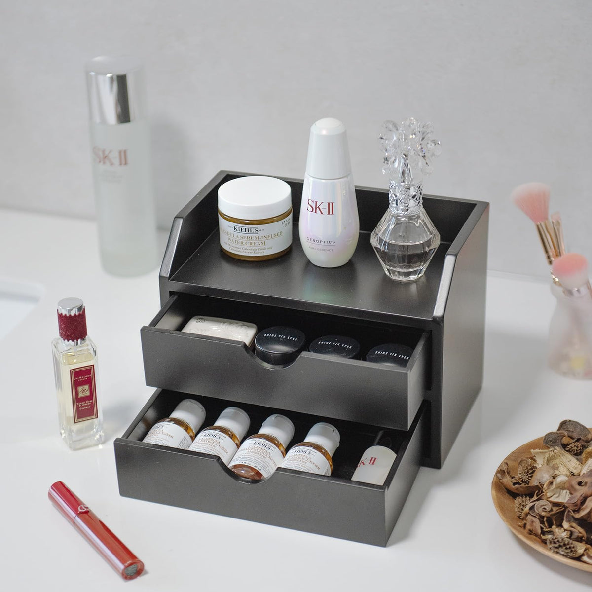 ROSE BLOOM Black Wood Desk Organizer with 2 Drawer, Mini Cute Cabinet with St...