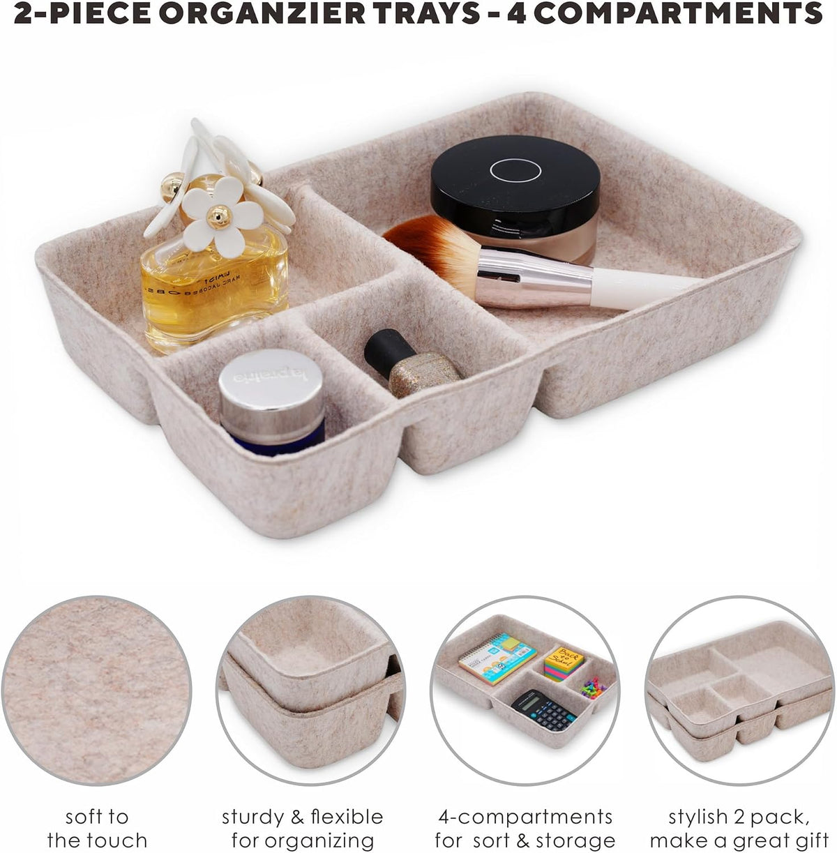 Welaxy Drawer Organizer Tray 4-Compartment Nordic Oatmeal Felt Divider