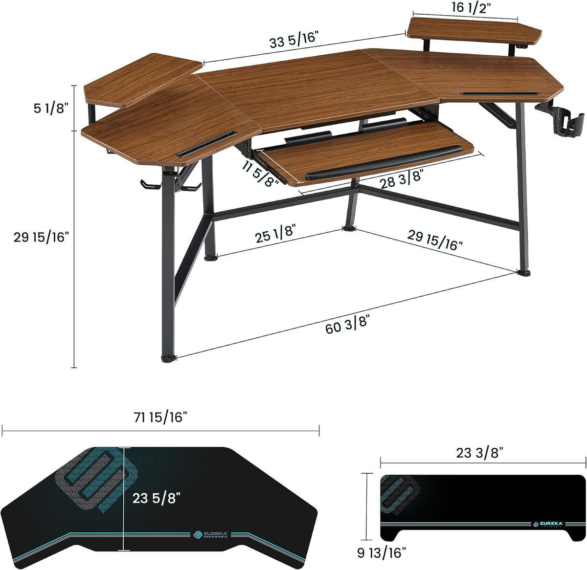 EUREKA ERGONOMIC Gaming Desk Wing Shaped Keyboard Tray 72 Inch Walnut