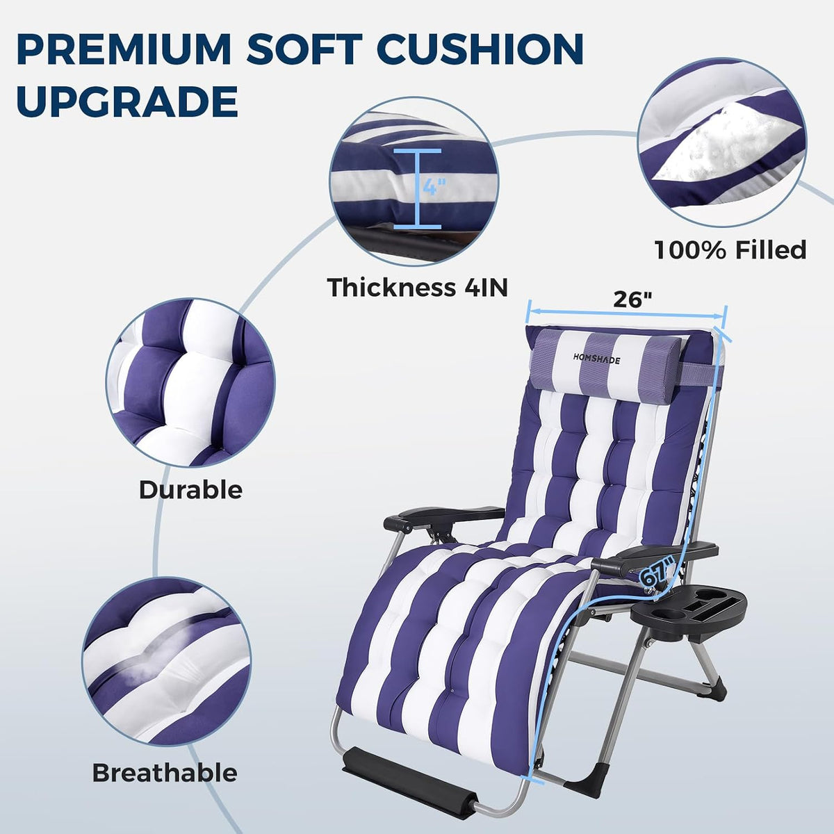 HOMSHADE 33 Inch XXL Oversized Zero Gravity Chair,Support 500LBS,Blue&White