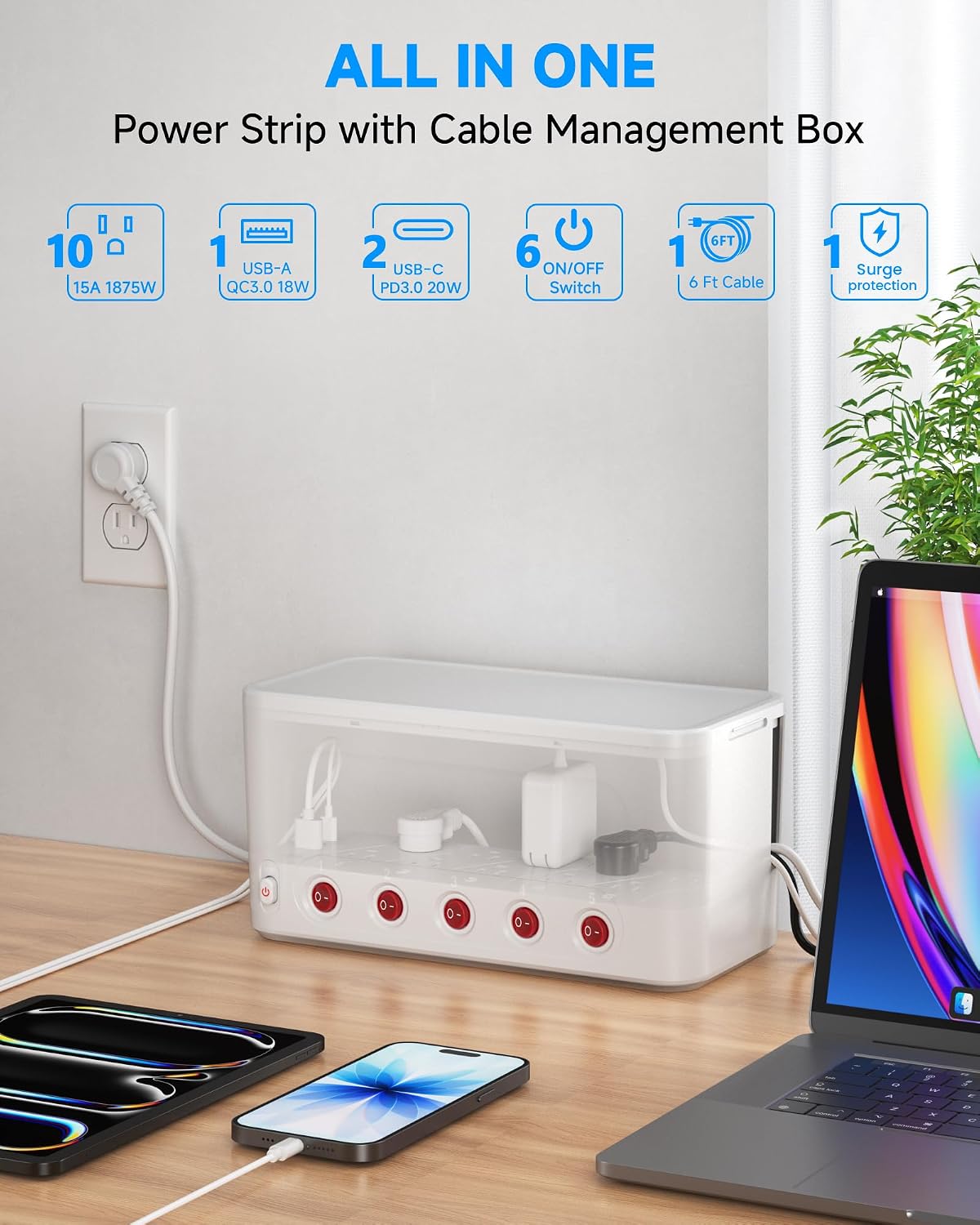 Power Strip with Cable Management Box, Large Cord Organizer Box,White