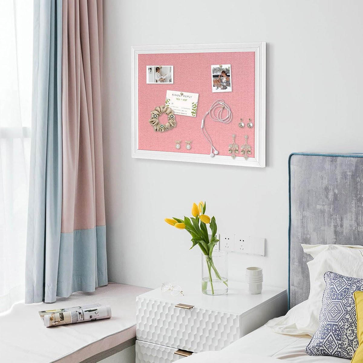Large Wood Framed Cork Board with Linen, 24" x 18" (Pink)