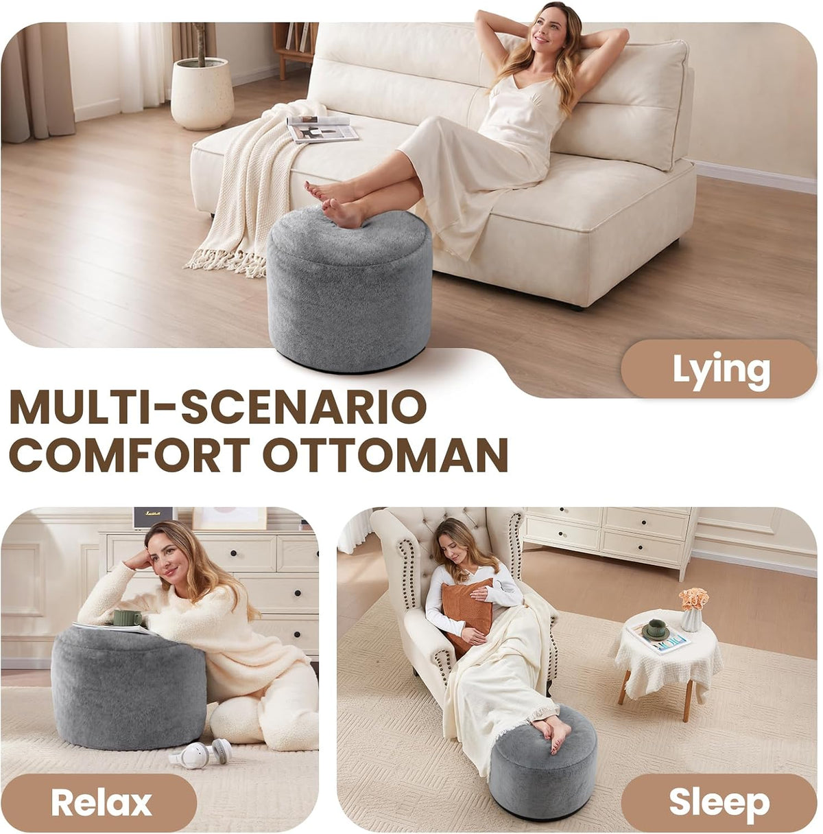 WSOFRLAC Round Pouf Ottoman, Gray Foot Stool Ottomans for Sofa, 20x15in