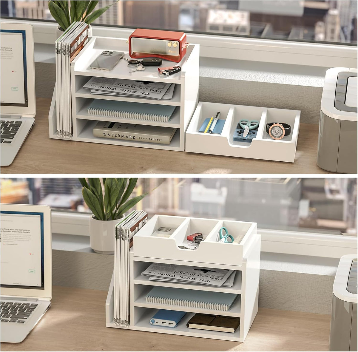 Multi-Tier Wood Desk File Organizer with Side File Rack, 3 Tray Shelves &...