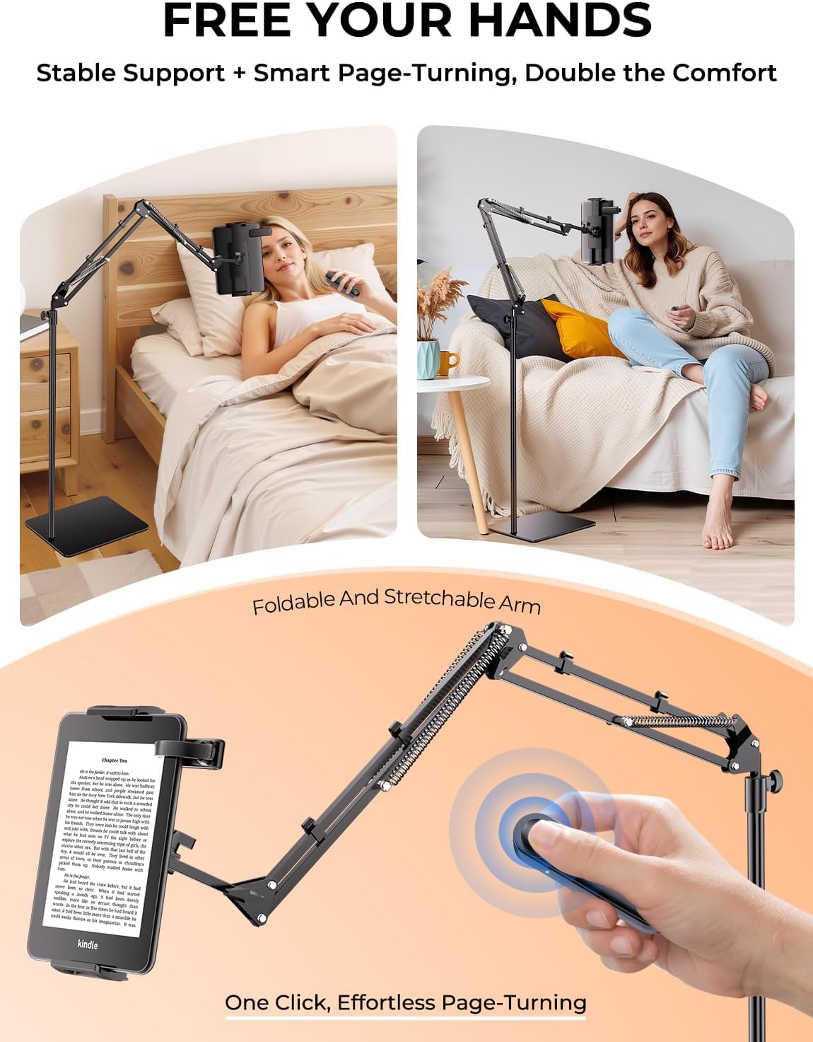 Tryone Tablet Floor Stand for Kindle Holder: E-Book Bed Mount with Page Turne...