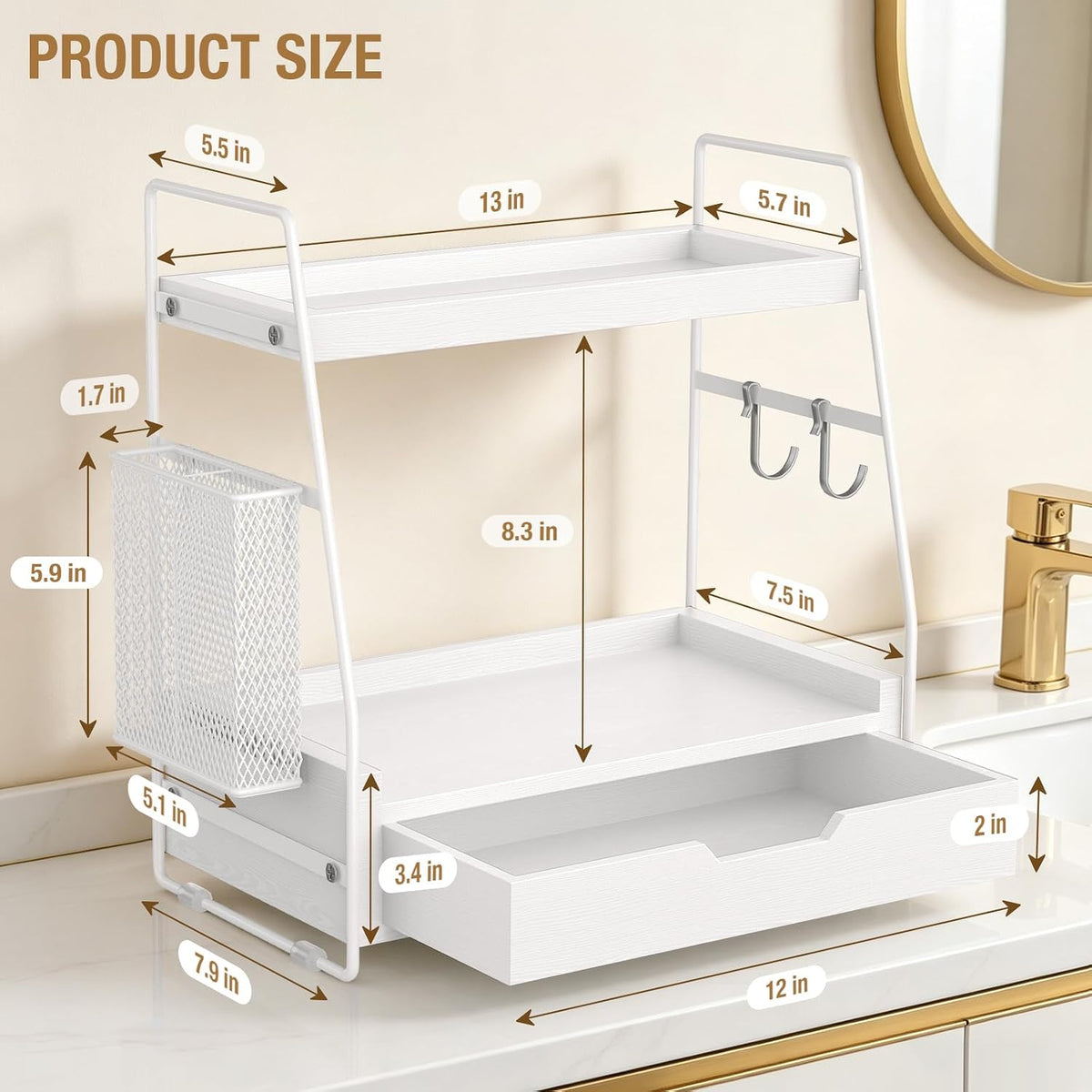 2-Tier Bathroom Counter Organizer with Drawer, Wood Counter Storage Shelf