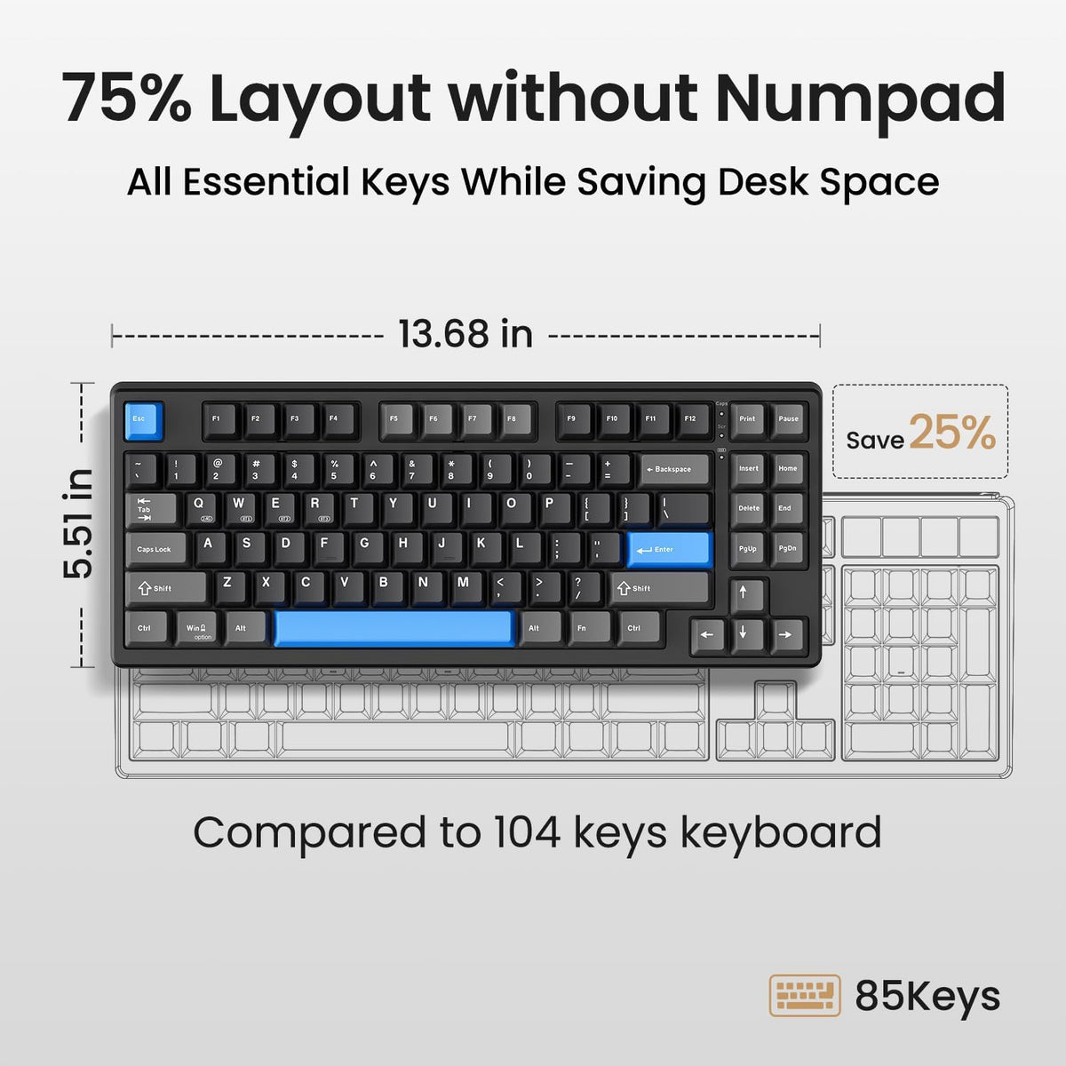 Kisnt KN85 Wireless Mechanical Keyboard, 75% Layout, Bluetooth/2.4GHz/USB-C, ...