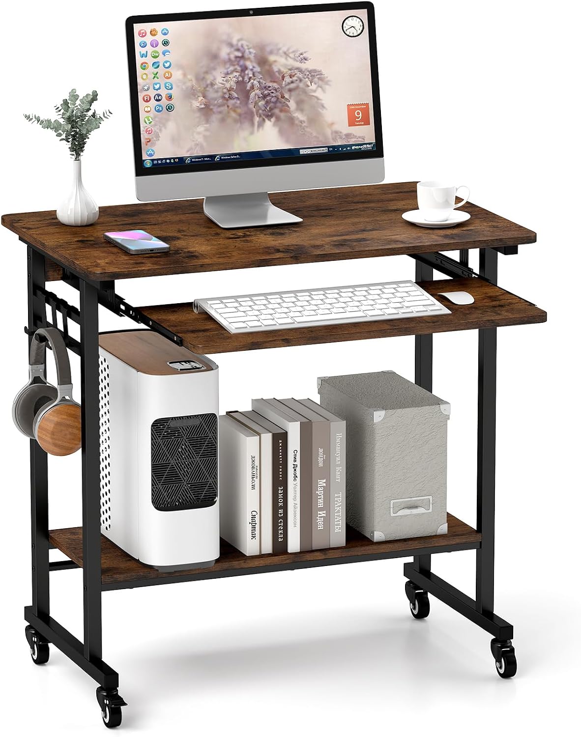 Tangkula Rolling Computer Desk Cart with Keyboard Tray, Mobile Portable Lapto...