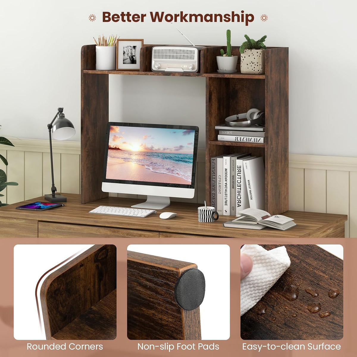LDAILY Desktop Shelf, Multipurpose Wood Desk Hutch for Max 27" Computer ...