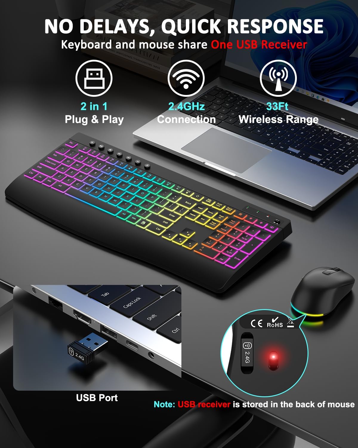 Wireless Keyboard and Mouse Combo, 9 Backlit Effects, 4000mAh Rechargeable Ba...