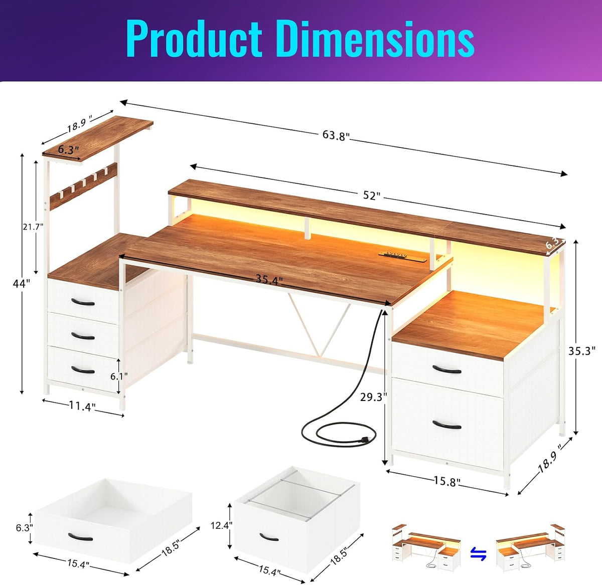63" Computer Desk with Drawers, Storage Shelves and Printer Stand